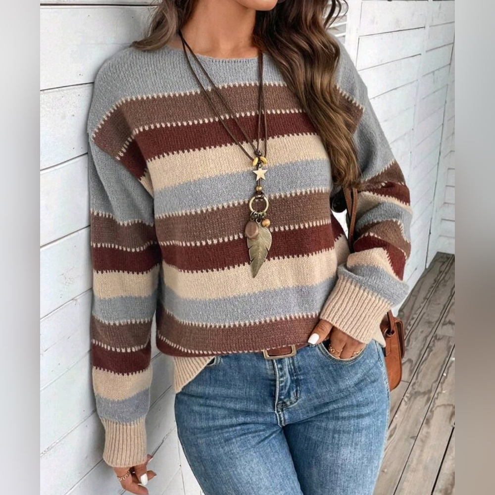 * New Chic Wide Striped Knit Sweater Top Pullover Tan Blue Cream Brown